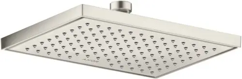 Kopfbrause aus Edelstahl mit gleichmäßig verteilten Wasserstrahldüsen, montiert an einer Decke. Das Produkt trägt die Marke AXOR.